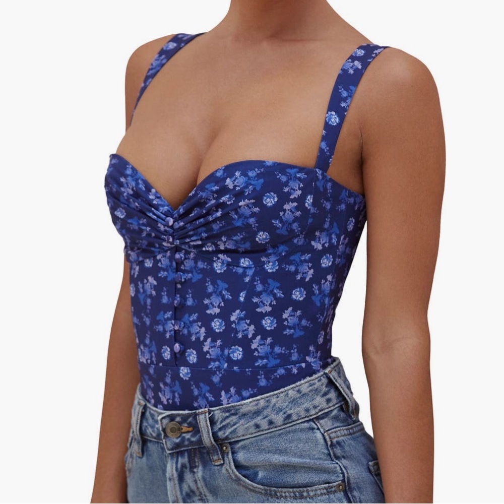 House of CB Savia Floral Corset Bodysuit | Size X-Small Sapphire Floral Print 🦋